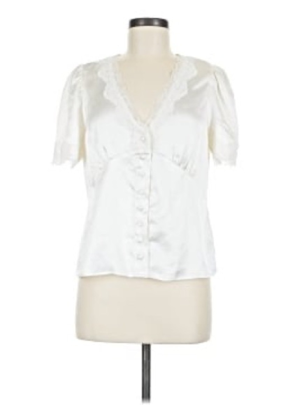 Joie Ivory Satin Lace-Trim V-Neck Button Blouse - best Europe top!